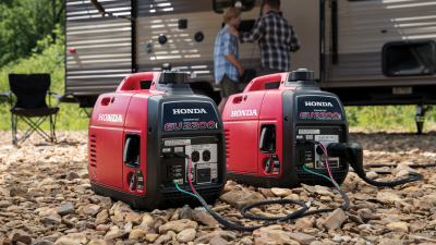 Two Honda generators sit side by side on a rocky surface in front of two people talking outside a camper.  