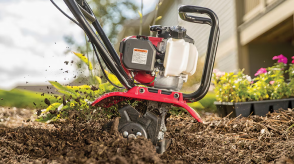 Closeup side view of tiller spitting up loose soil.  