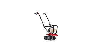 3/4 front side view of 9-inch Mini-Tiller on white space.  